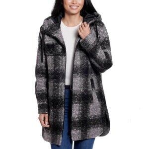 Weatherproof Women's Soft Boucle Hooded Long Jacket Black Plaid Heavyweight XS